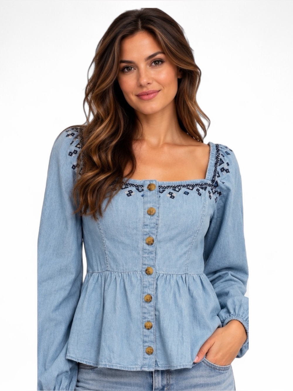 Aeropostale M Chambray Peplum Top Embroidered Square Neck Smocked Back